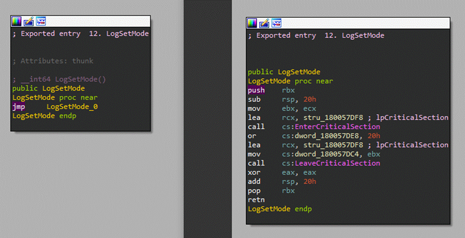 Malicious function (left) vs original function (right)