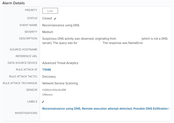 DNS recon alarm details screen